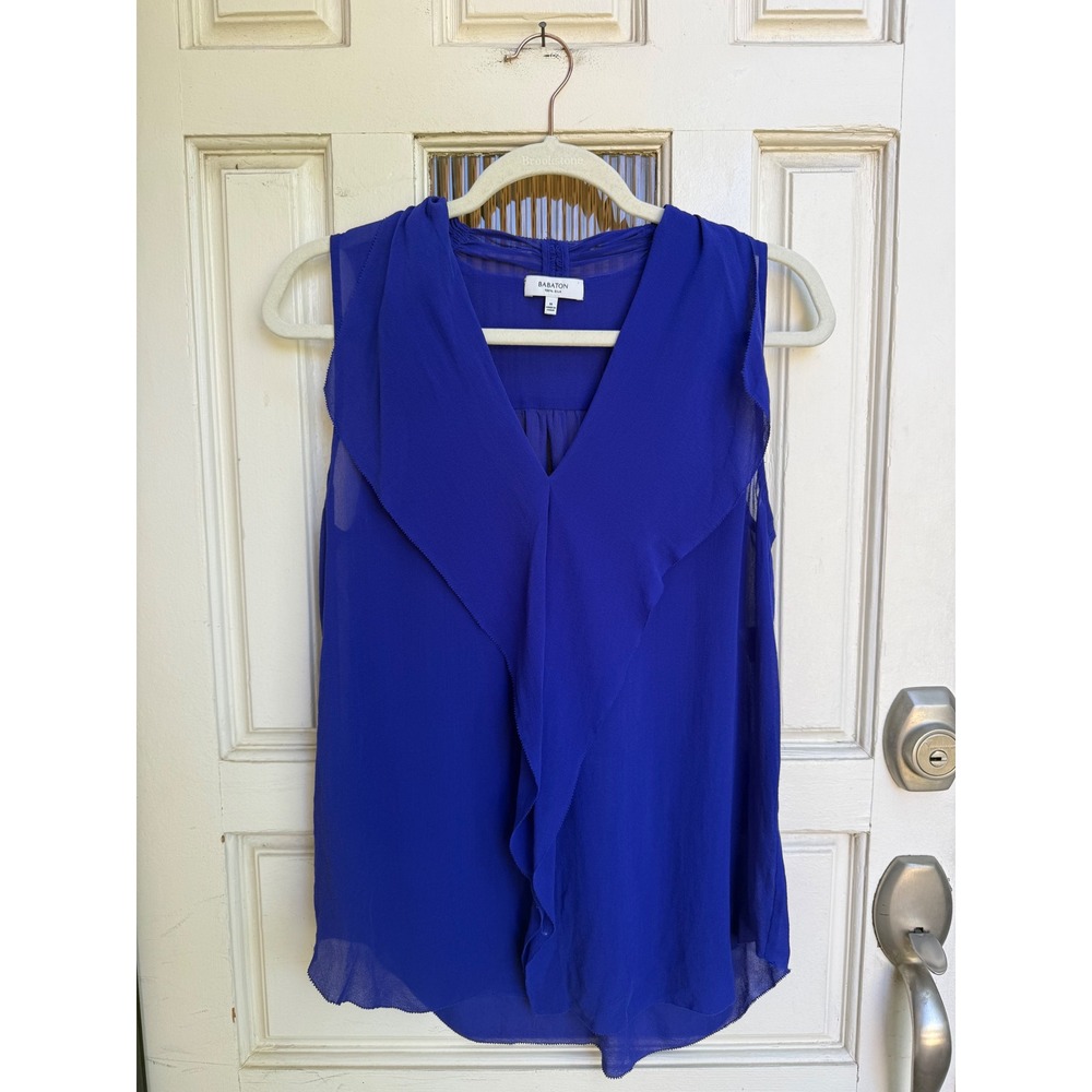 Babaton Womens Cobalt Blue 100% Silk Ruffle V-Neck Sleeveless Blouse Size Medium